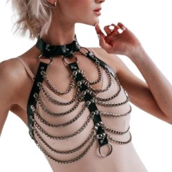 body chain black leather bra caged harness