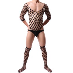 black elastic fishnet one piece suit with stockings